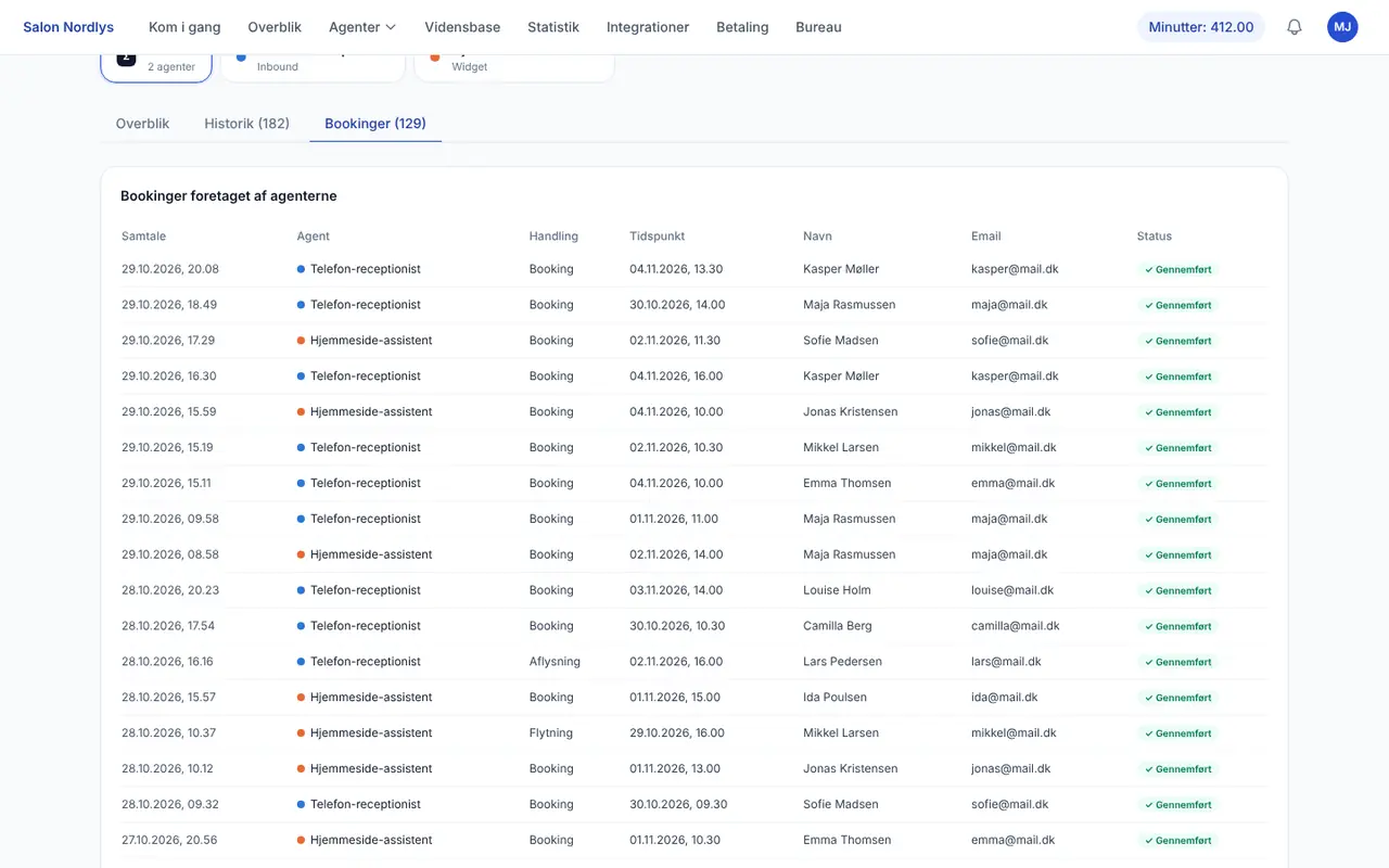 Listen over bookinger i Aibooking-appen med samtaletidspunkt, agent, handling, aftalt tid, kundenavn og status