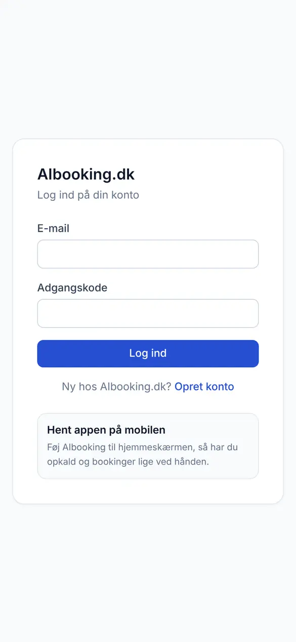 Login-siden til Aibooking-appen på en mobil med boksen 'Hent appen på mobilen'