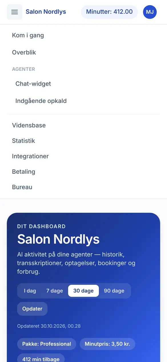 Aibooking-appen på en mobil: den åbne menu med Overblik, Agenter, Vidensbase, Statistik og Integrationer