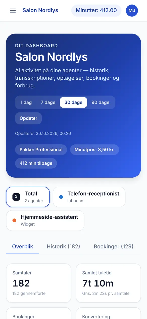 Aibooking-appen på en mobil: forsiden med virksomhedens navn, valg af periode og pakkeoplysninger